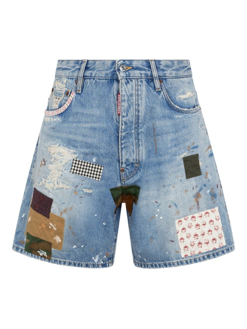 Dsquared2 Medium Wash Patchwork Paint Splatter Shorts