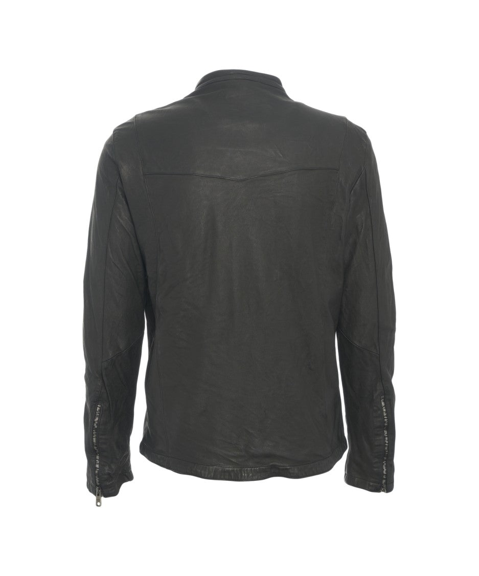 Giorgio Brato Black Leather Jacket With Stand-Up Collar