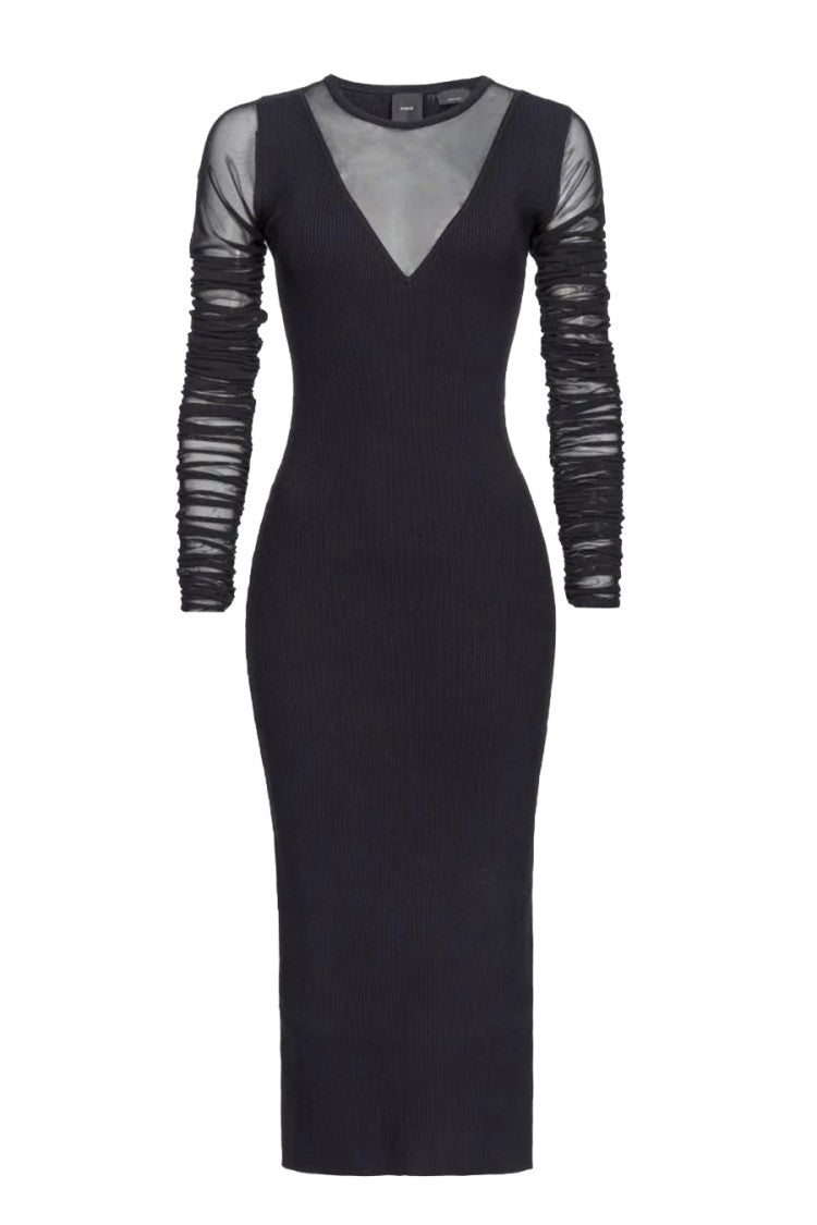 Pinko Ribbed Black Midi Dress Sheer Mesh