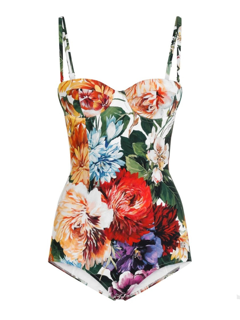 Dolce & Gabbana Flower Print Padded Balconette One Piece Swimsuit