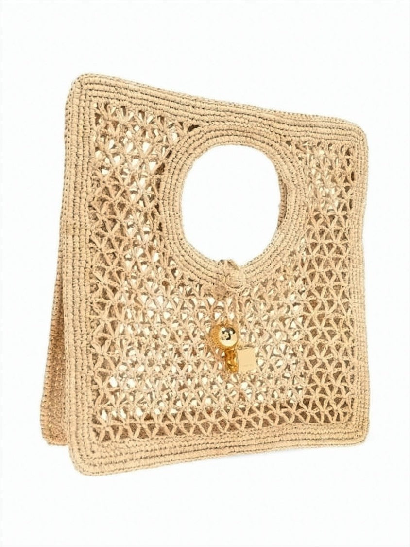 Jacquemus Woven Raffia Tote Bag With Gold-Tone Charm
