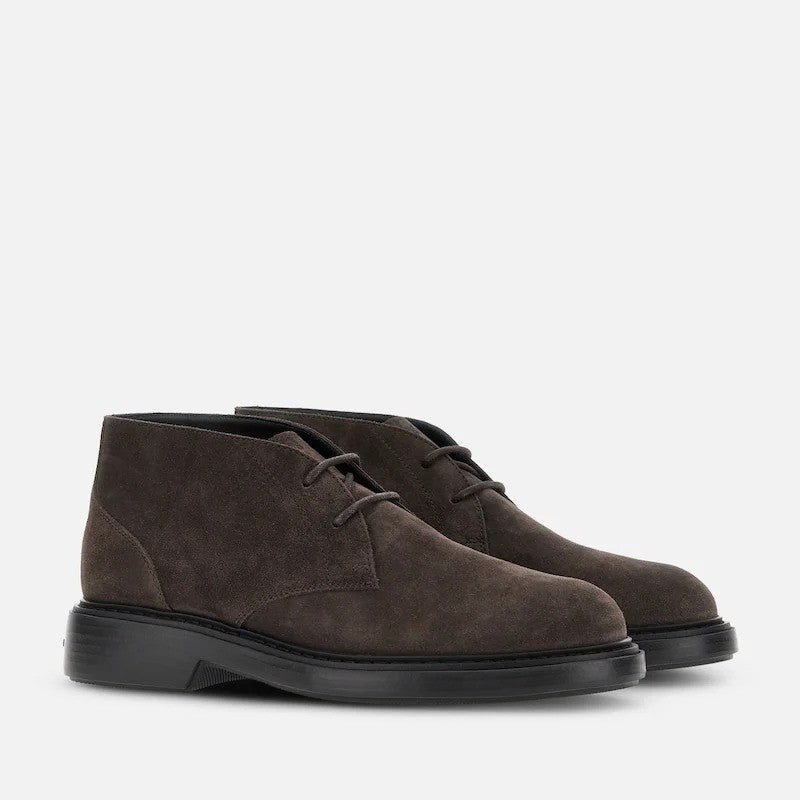 Hogan Dark Suede Minimalist Rounded-Toe Ankle Boots