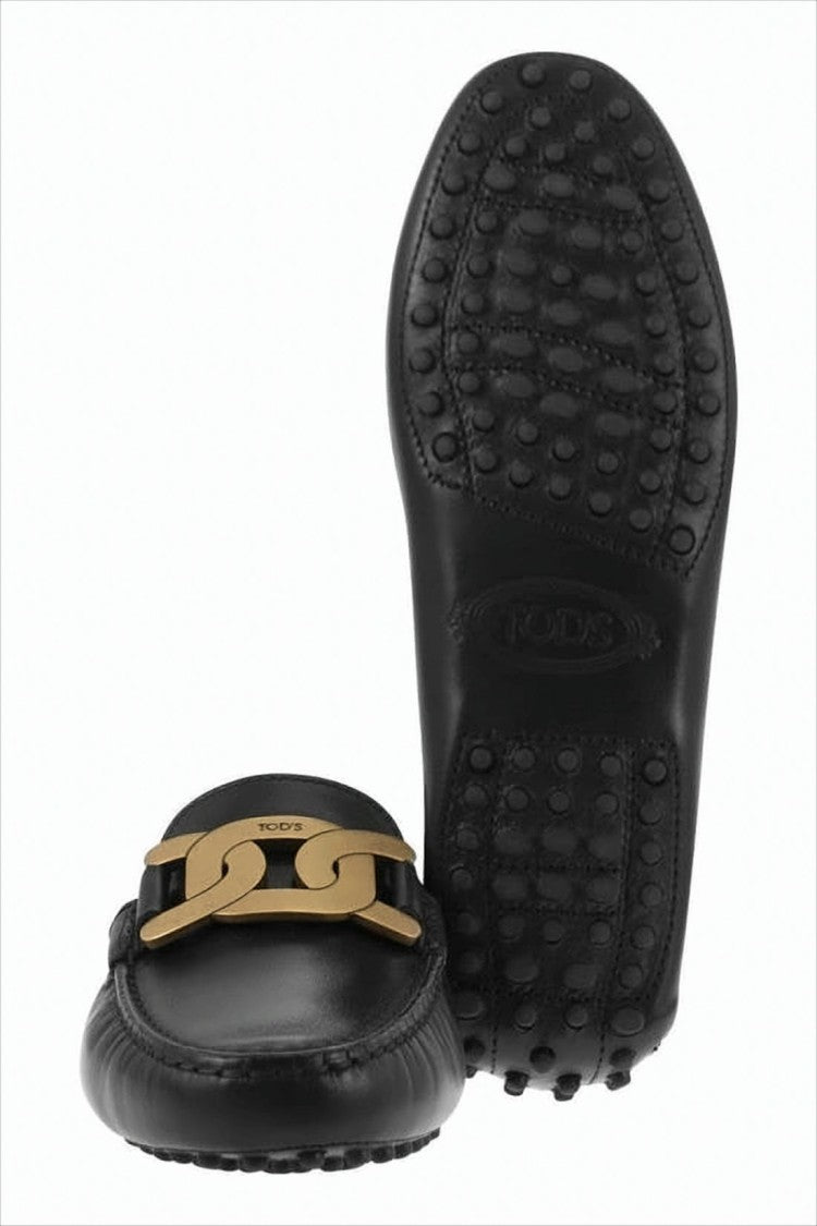 Tod's Black Leather Loafers With Gold-Tone Chain Detail