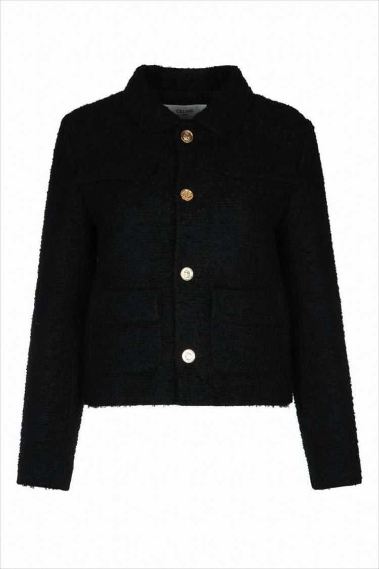 Celine Textured Black Cropped Jacket With Gold-Tone Accents