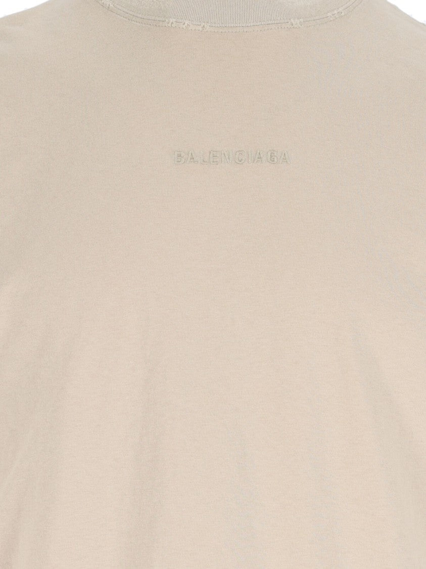 Balenciaga Beige Cotton Crew Neck T-Shirt With Logo Patches