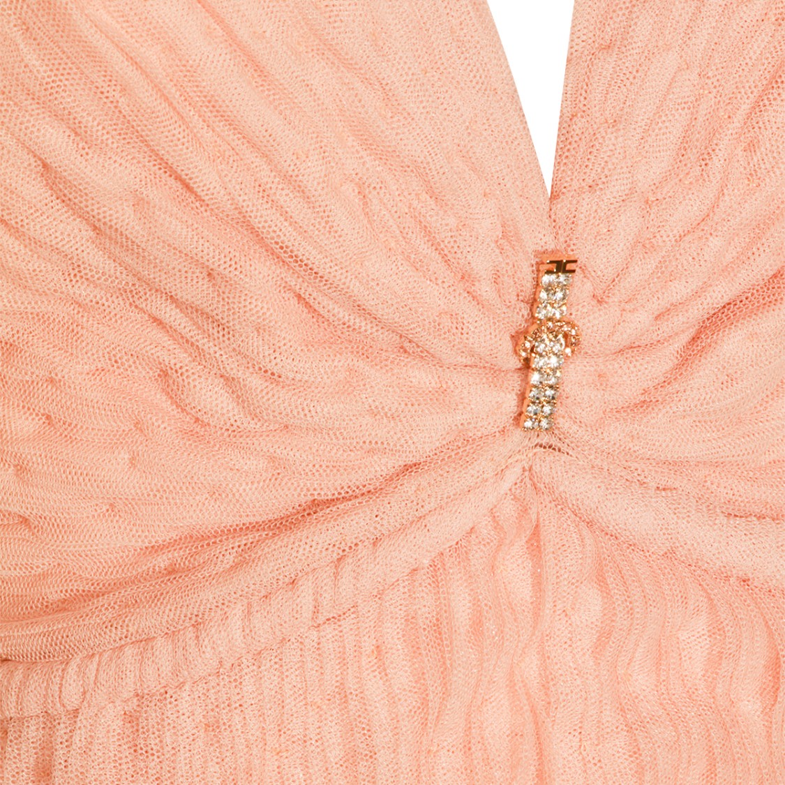 Elisabetta Franchi Nude Long Dress With Deep V Neckline And Tulle Inserts