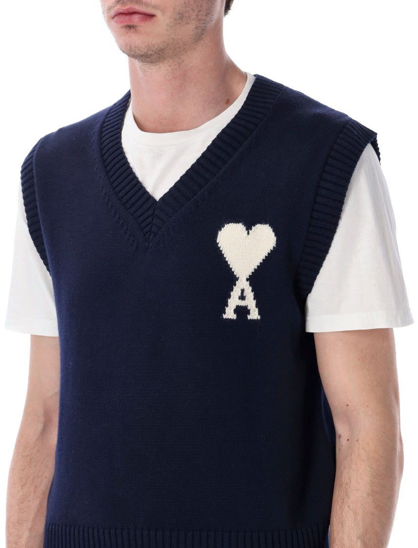 Ami Paris Sleeveless Knit Vest With V-Neck And Intarsia Detail