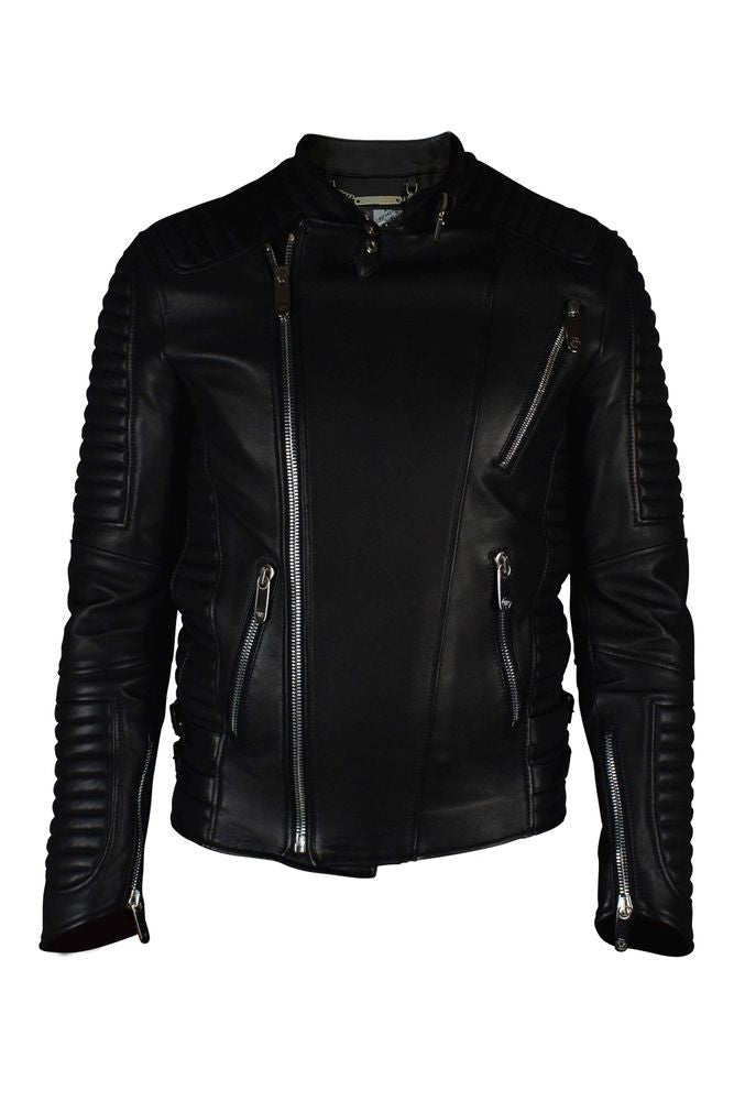 Philipp Plein Asymmetrical Black Leather Biker Jacket