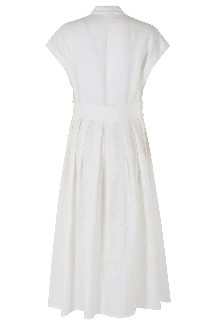 Eleventy White Belted Floral Embroidered Linen Midi Dress
