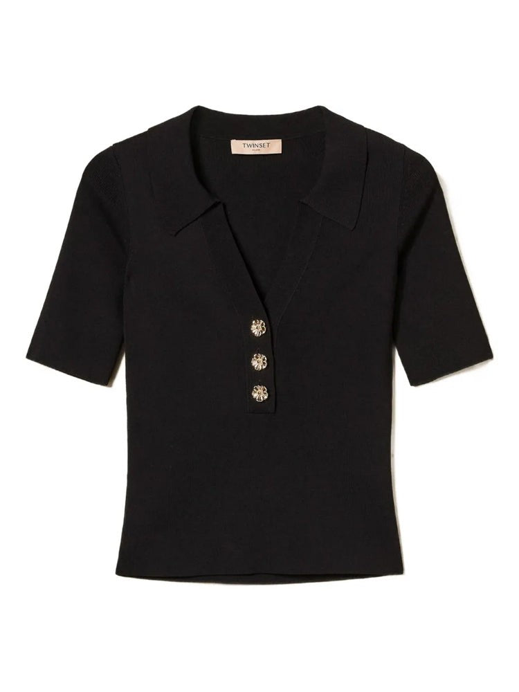 Twin-Set Black Fitted Button Short-Sleeve T-Shirt