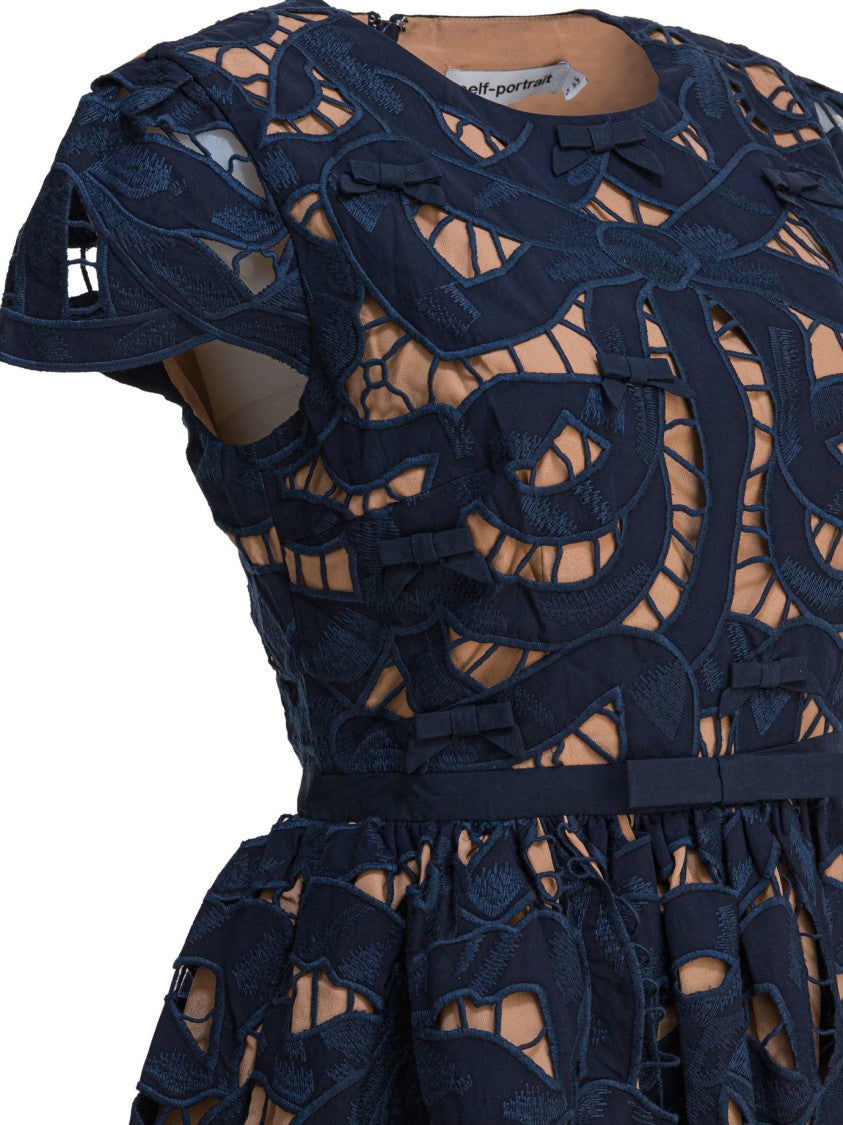 Self-Portrait Navy Bow Embroidered Mini Dress