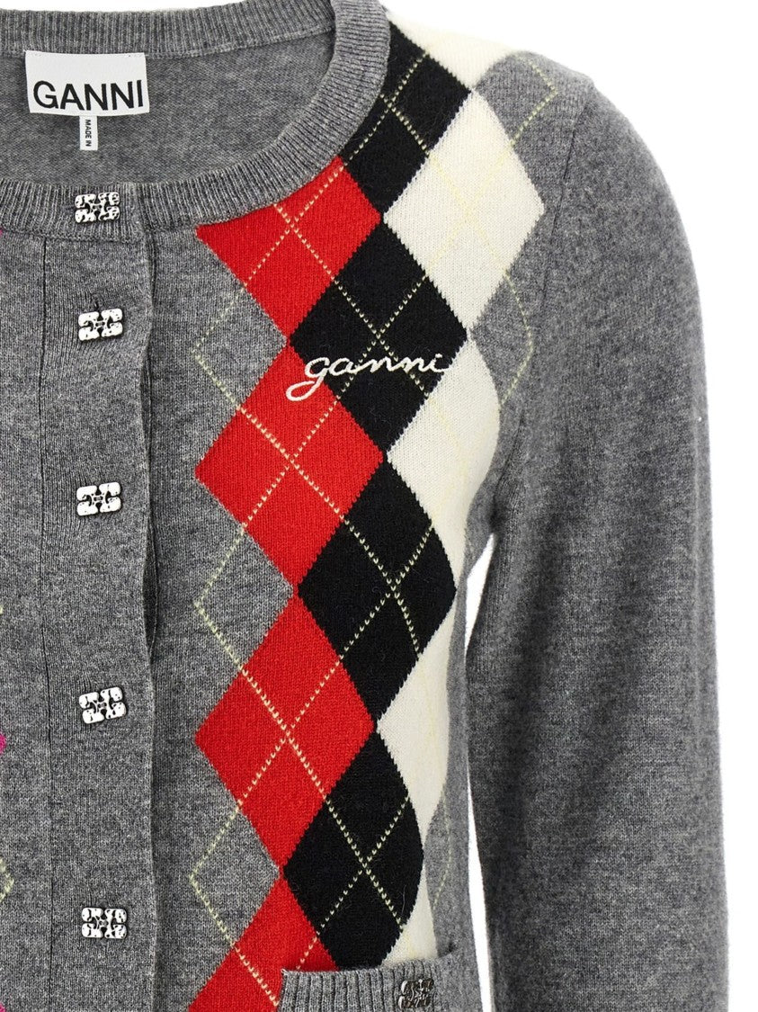 Ganni Multicolored Diamond Pattern Cardigan In Marine Wool