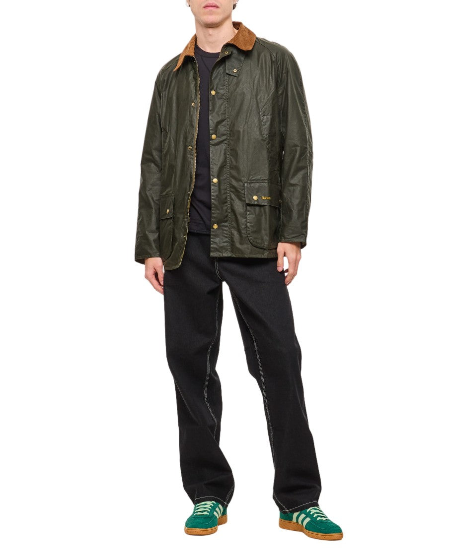 Barbour Dark Green Waxed Jacket With Ribbed Point Collar