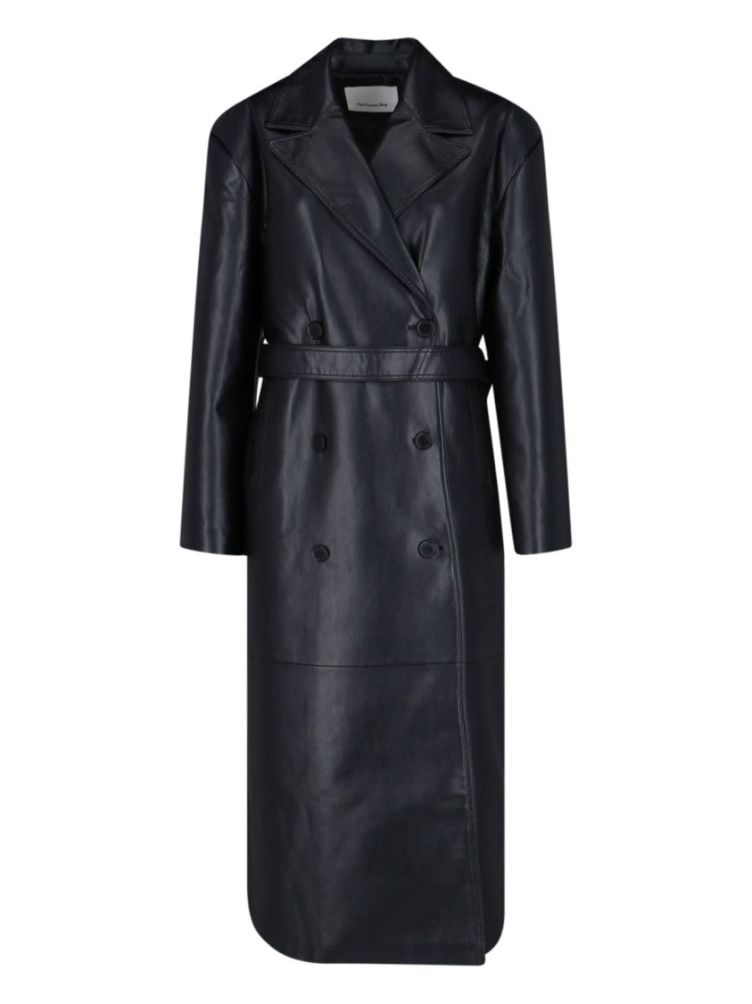 The Frankie Shop Double-Breasted Faux Leather Coat With Removable Waist Belt