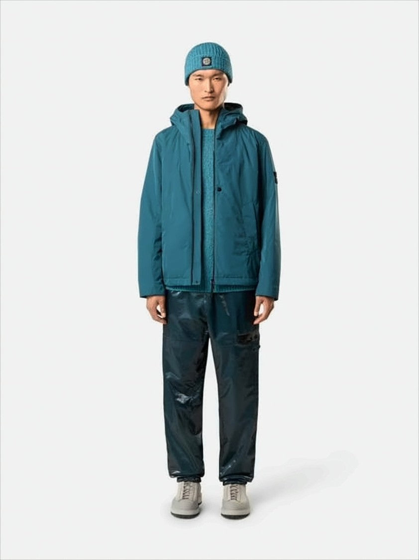 Stone Island Hooded Blue Padded Jacket With Distinctive Logo