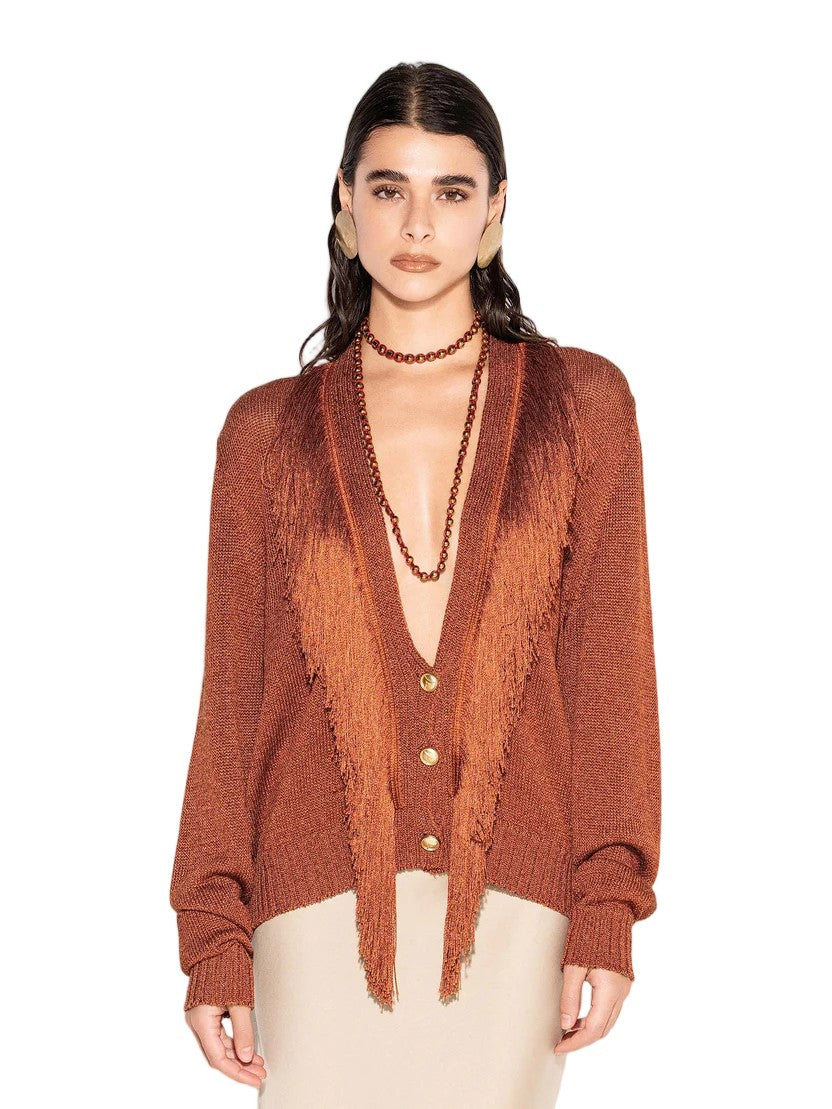 Akep Viscose-Cotton Rayon Deep V-Neck Fringe Cardigan