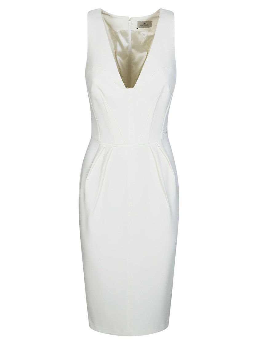 Elisabetta Franchi Fitted White Mini Dress With Deep V-Neckline