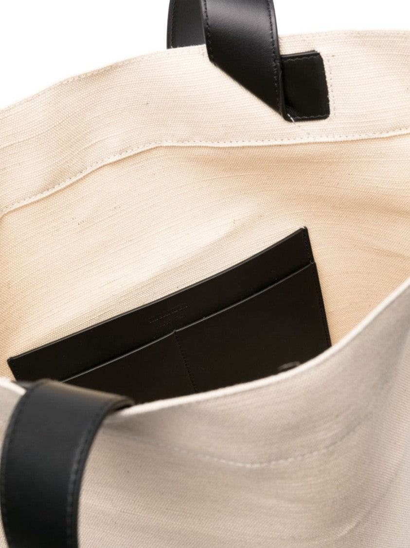 Jil Sander Ivory White Canvas Tote Bag With Leather Trim And Embroidered Logo