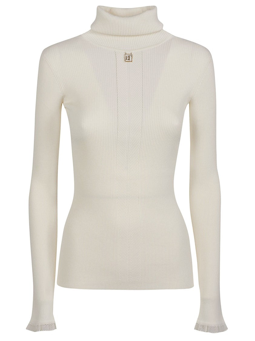 Elisabetta Franchi Ribbed Knit Turtleneck Sweater With Ruffled Cuffs And Emblem