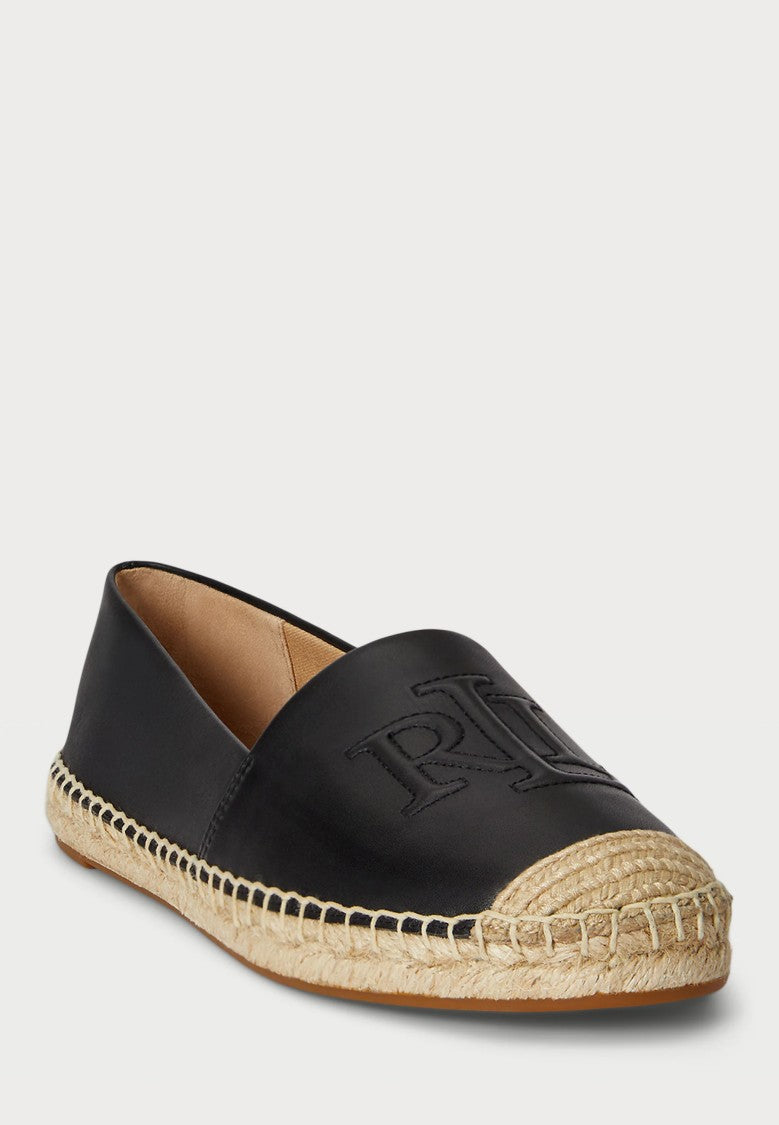 Lauren Ralph Lauren Smooth Black Leather Espadrille Flats With Embossed Logo