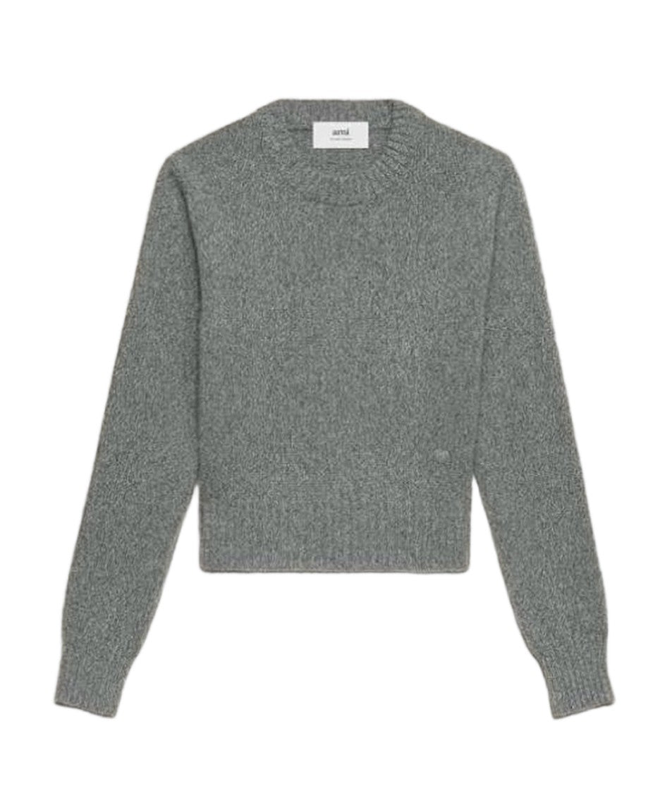 Ami Paris Cropped Grey Cashmere Blend Sweater With Crew Neckline