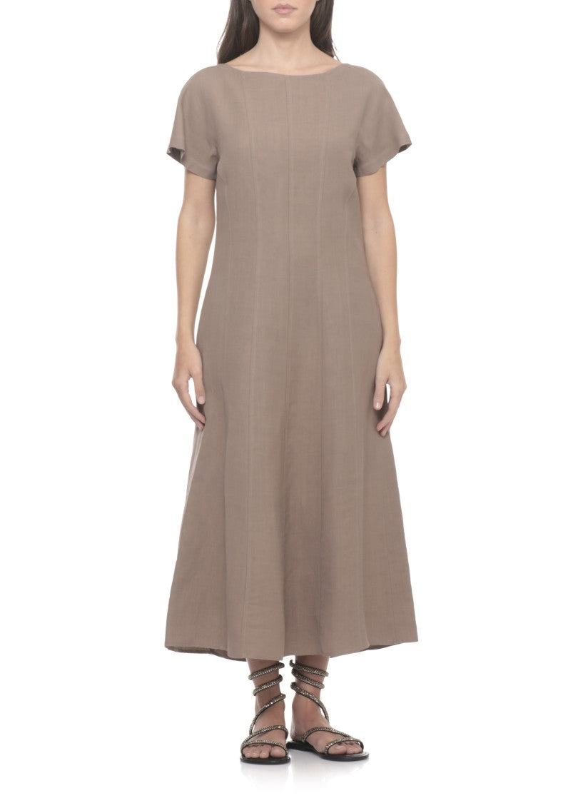 Antonelli Firenze Brown Silk Midi Dress With Flared Hem And Seam Detailing