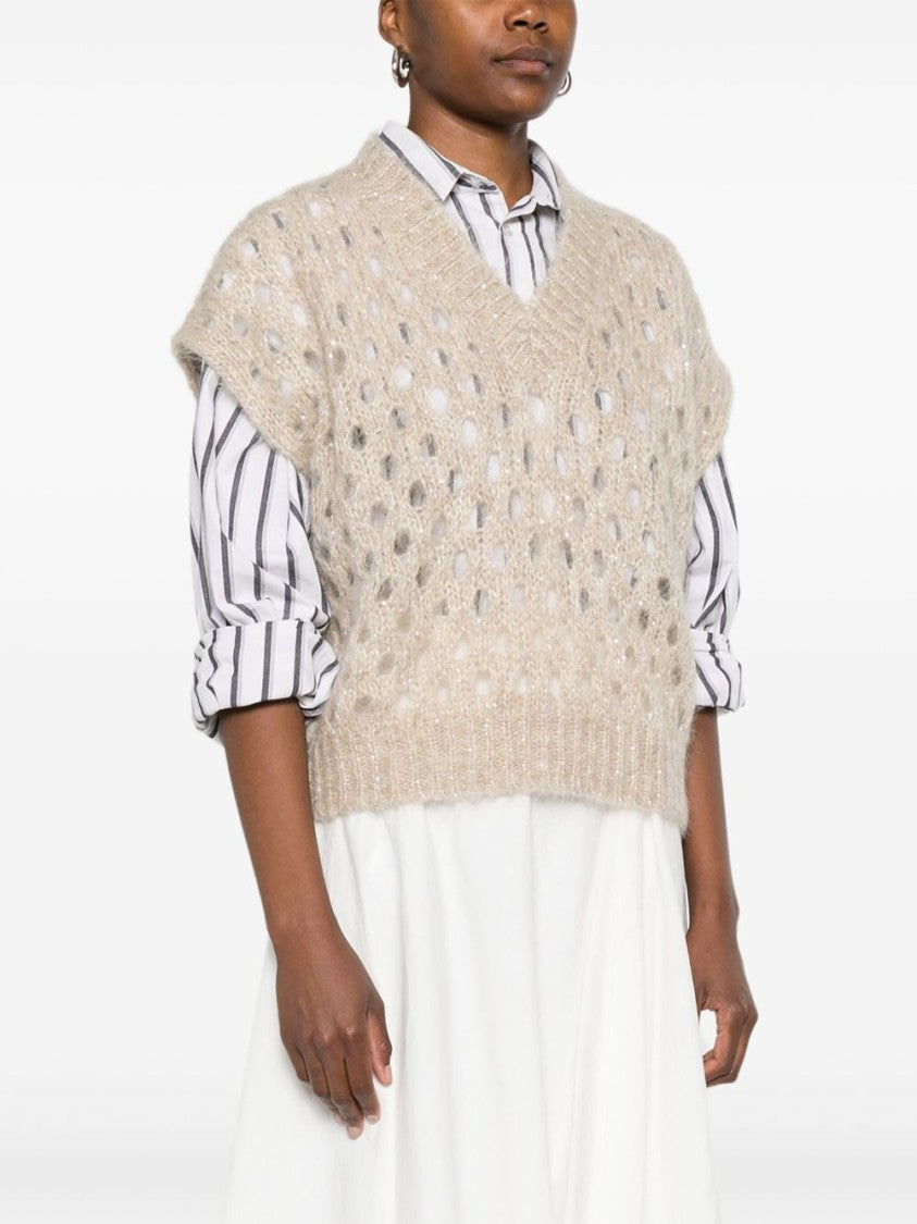 Brunello Cucinelli Cropped Open-Knit Sweater With V-Neckline