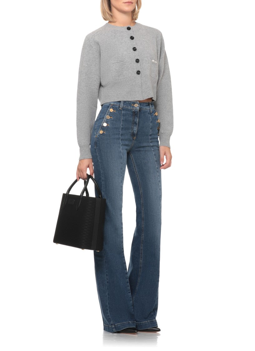 Elisabetta Franchi Grey Cropped Lacquered Buttons Wool Cardigan