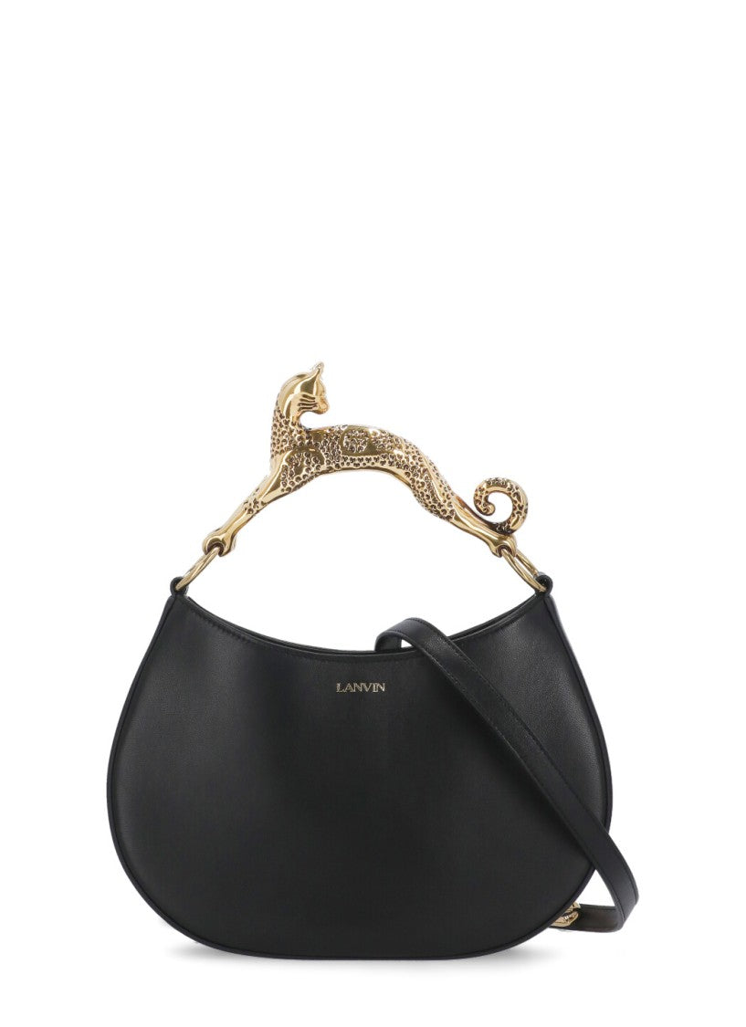 Lanvin Black Metal Cat Handle Crescent Leather Shoulder Bag