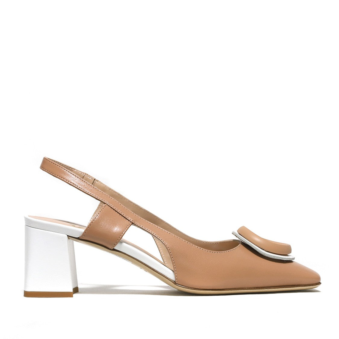 Elata Slingback In Soft Beige Leather With Two-Tone Macaron Buckle