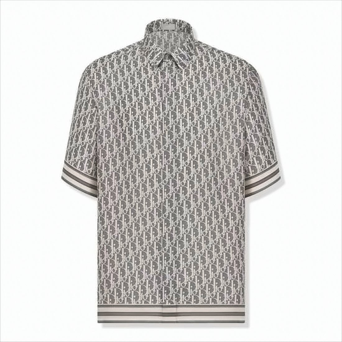 Christian Dior Short-Sleeved Shirt With All-Over Logo Pattern And Contrast Stripes