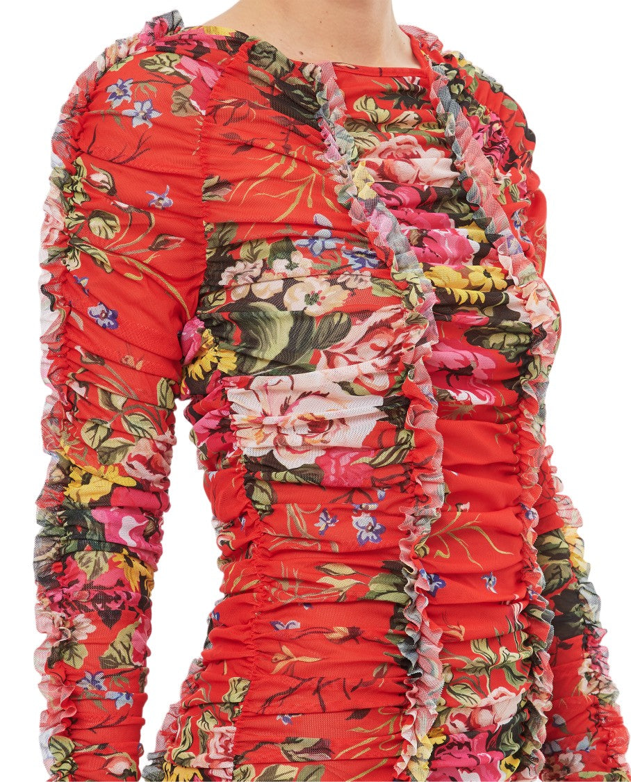 Molly Goddard Floral Pattern Mini Dress With Long Sleeves And Ruched Detail