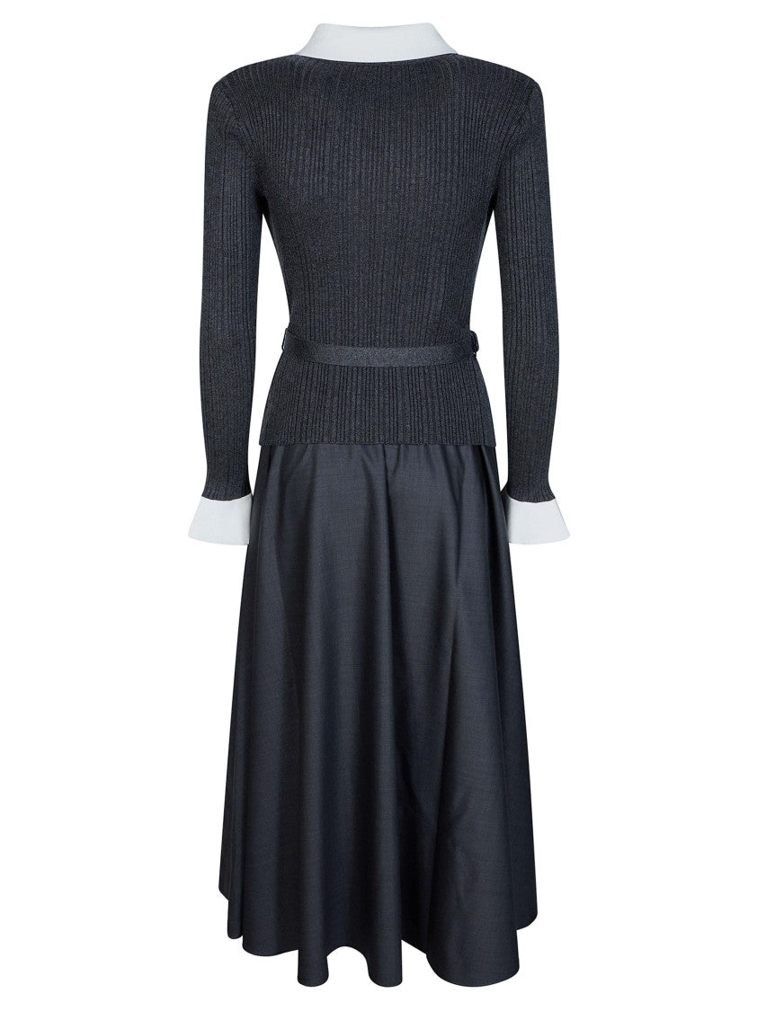 Self-Portrait Grey Pearl-Embellished Knit Twill Midi Dress