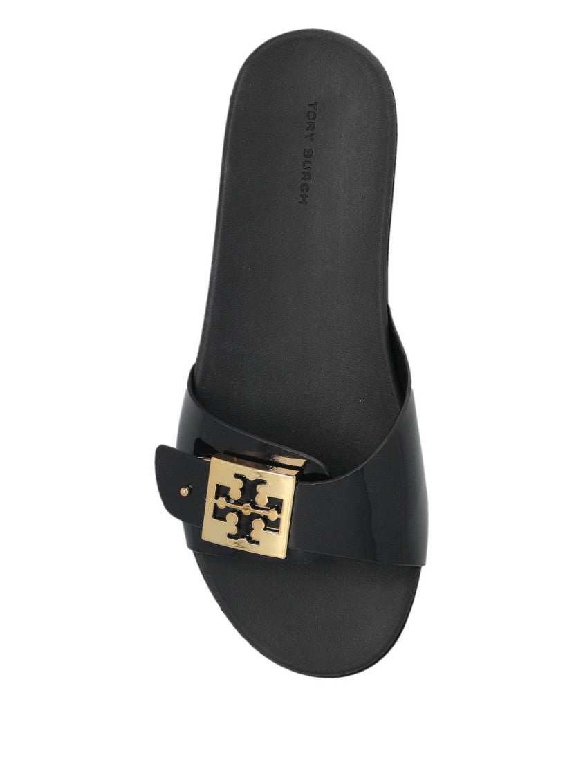 Tory Burch Black Slide Sandals With Gold-Tone Logo Buckle