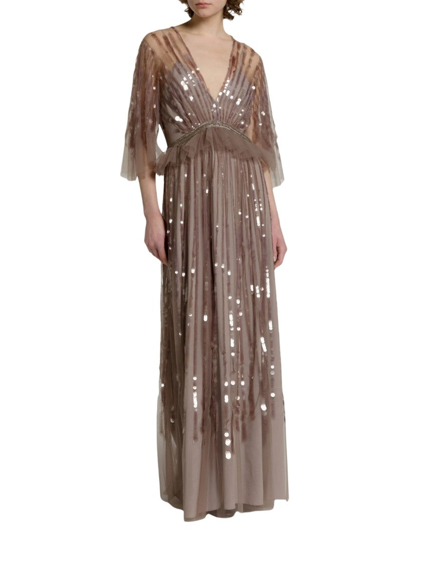 Alberta Ferretti Long Embroidered Tulle Dress With Sequined Detail