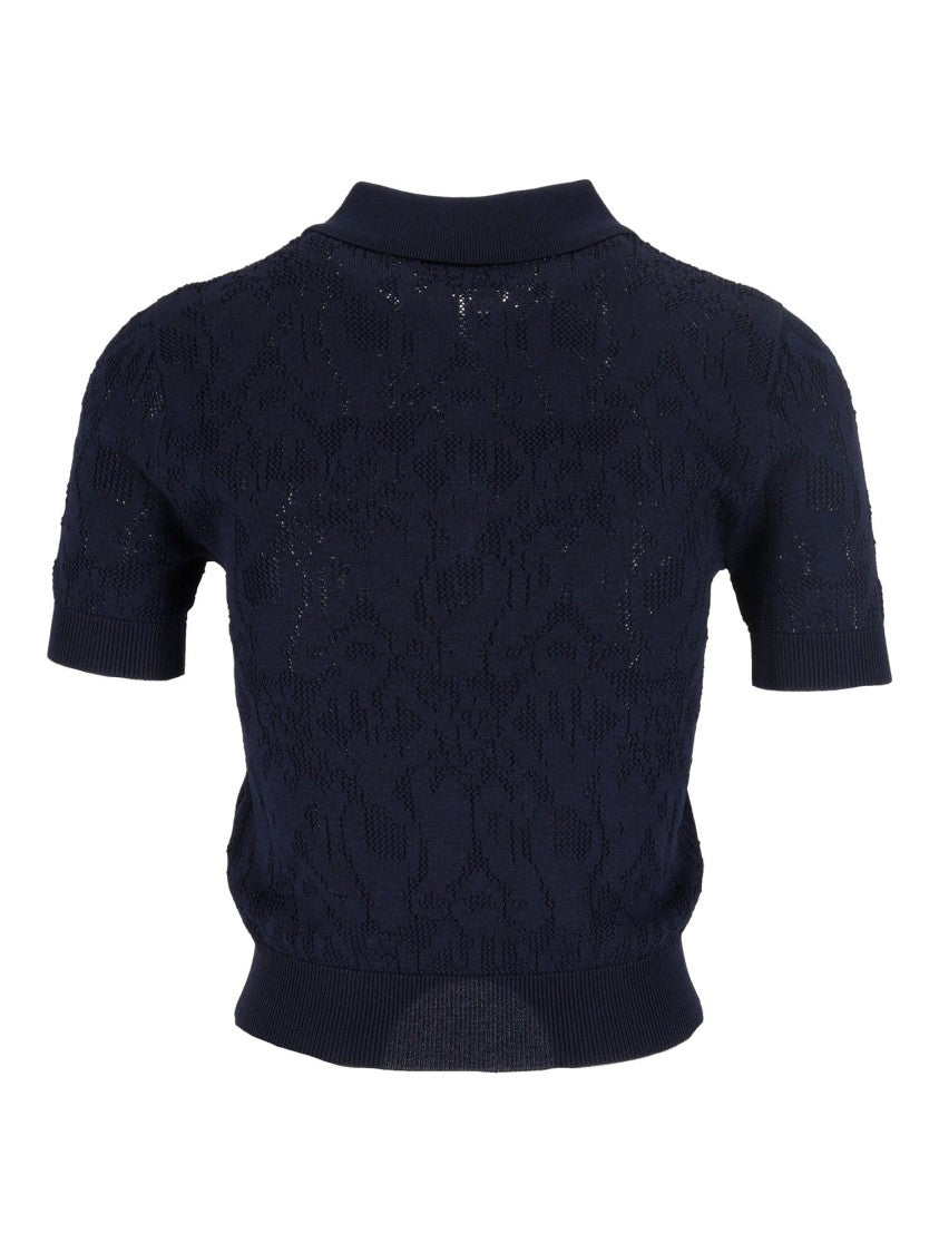 Dondup Blue Cropped Lace-Knit Polo Shirt