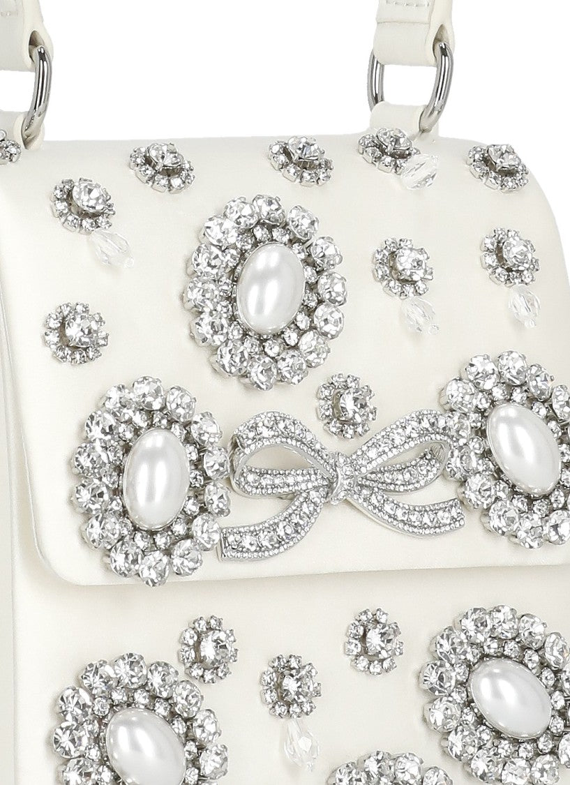 Self-Portrait Ivory Crystal Mini Bow Bag With Removable Chain Strap
