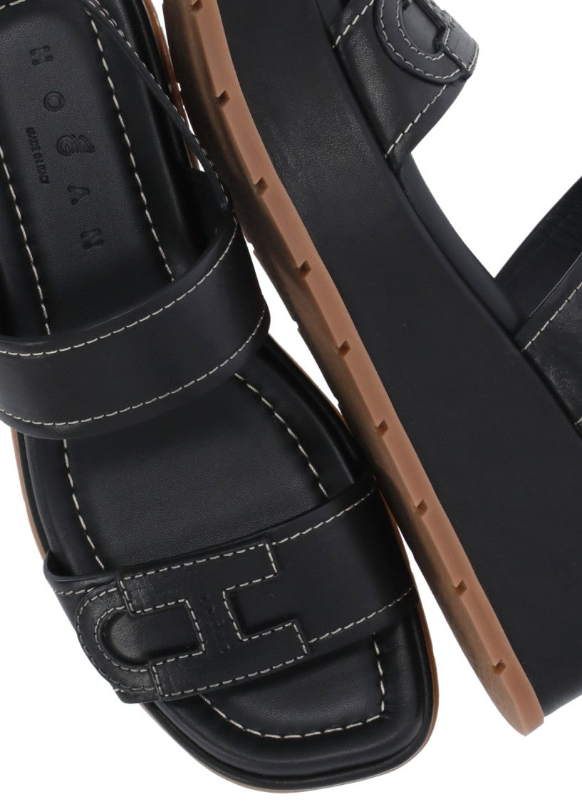 Hogan Black H703 Embossed H Leather Sandals