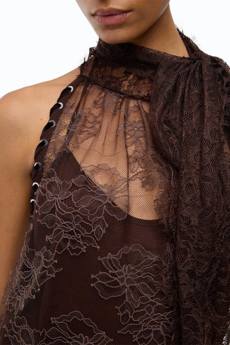 Pinko Brown Nylon Lace Cowl-Neck Top