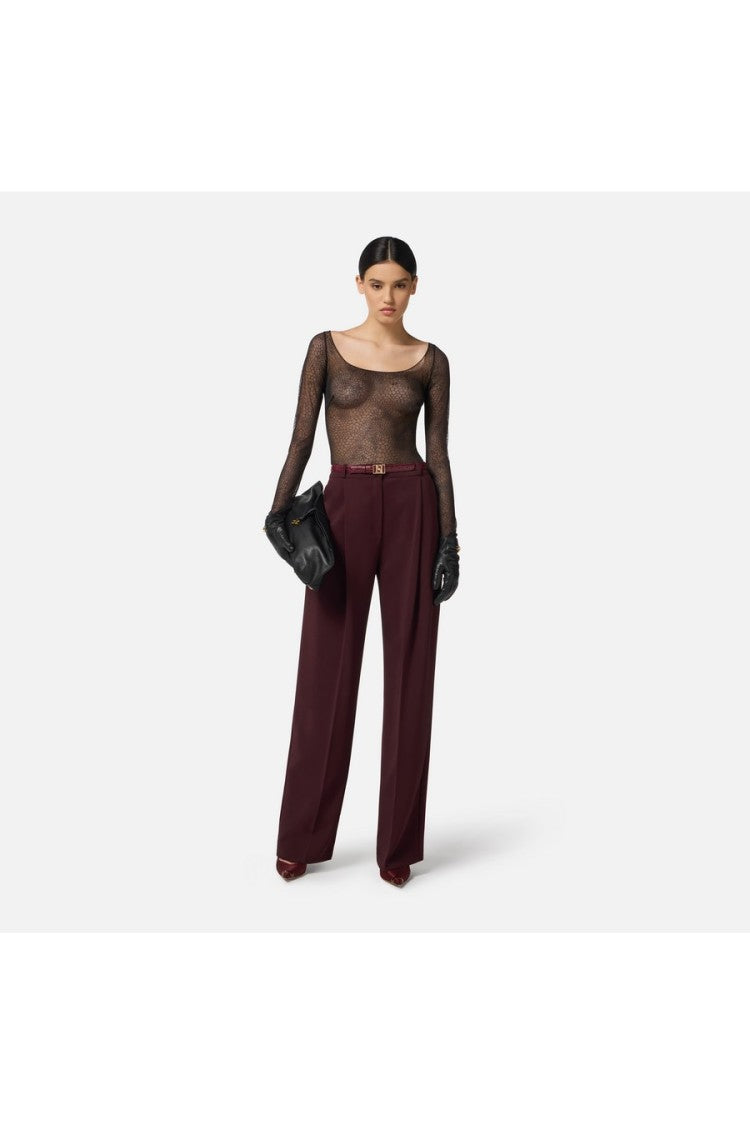 Elisabetta Franchi Burgundy High-Waist Pleated Polyester-Blend Formal Pants