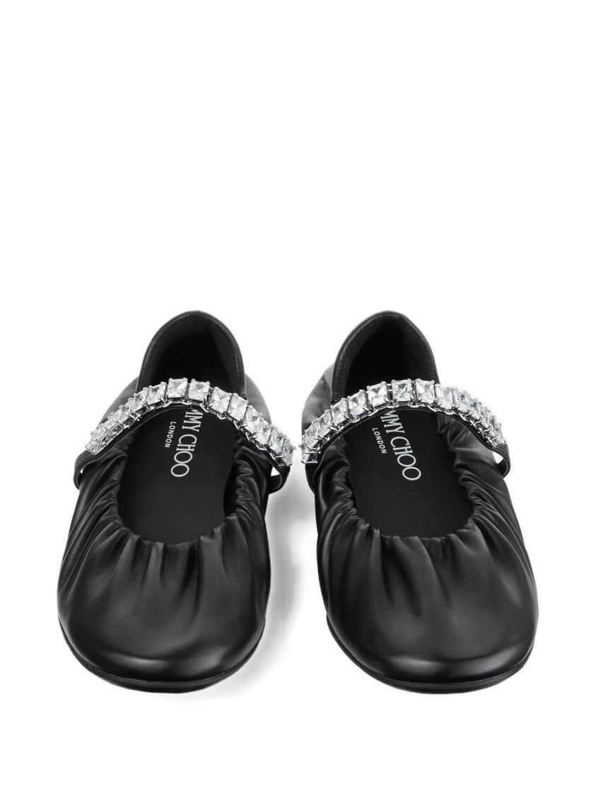 Jimmy Choo Soft Ruched Nappa Leather Ballerina Flats With Crystal Strap