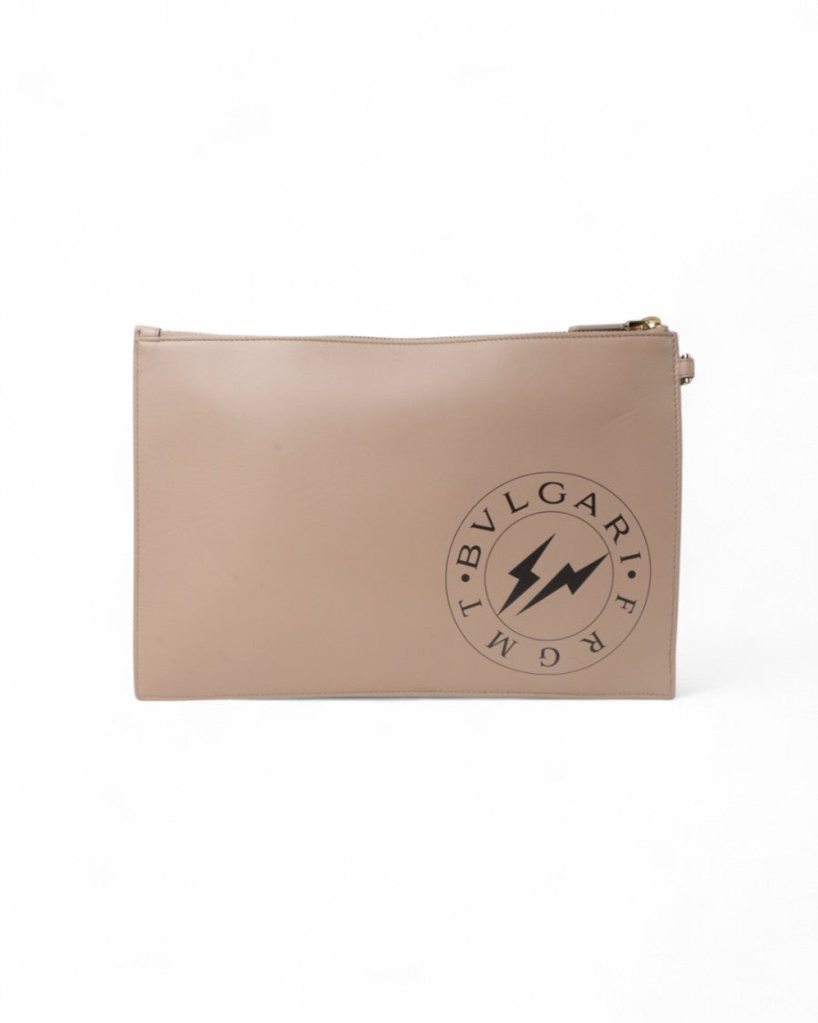 Bulgari Medium Beige Leather Clutch With Bold Logo Detail