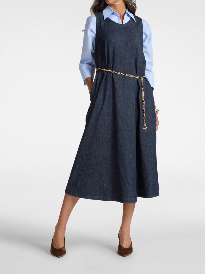 Elena Miro` Sleeveless Blue Denim Midi Chain Dress