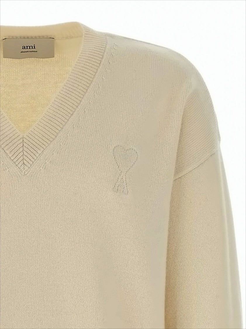 Ami Paris Cropped V-Neck Sweater With Ribbed Details