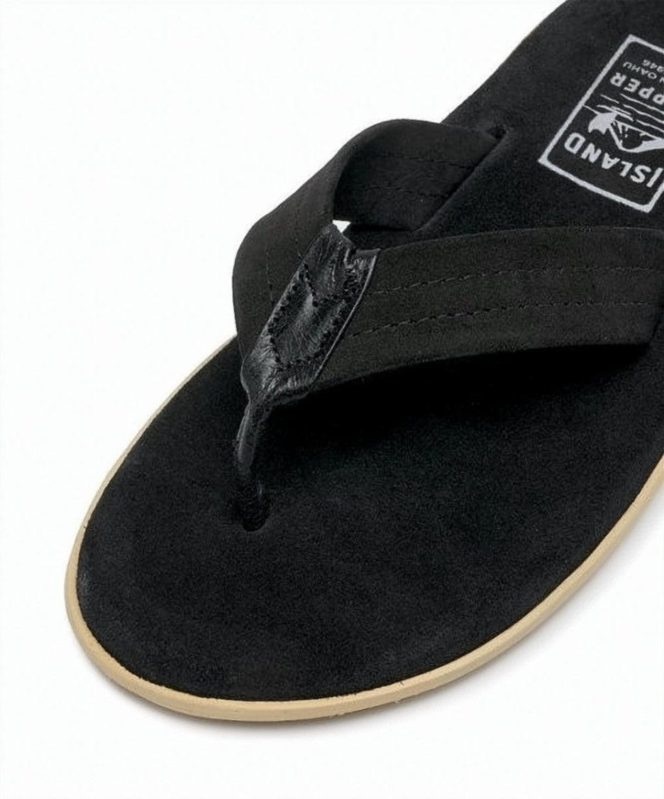 Island Slipper Black Suede Slip-On Sandal With Thong Strap Design
