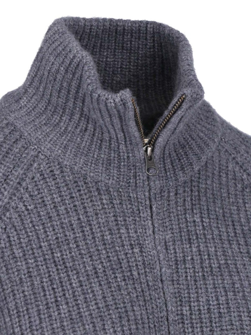 Lisa Yang Grey Cropped High Collar Zip Knit Sweater