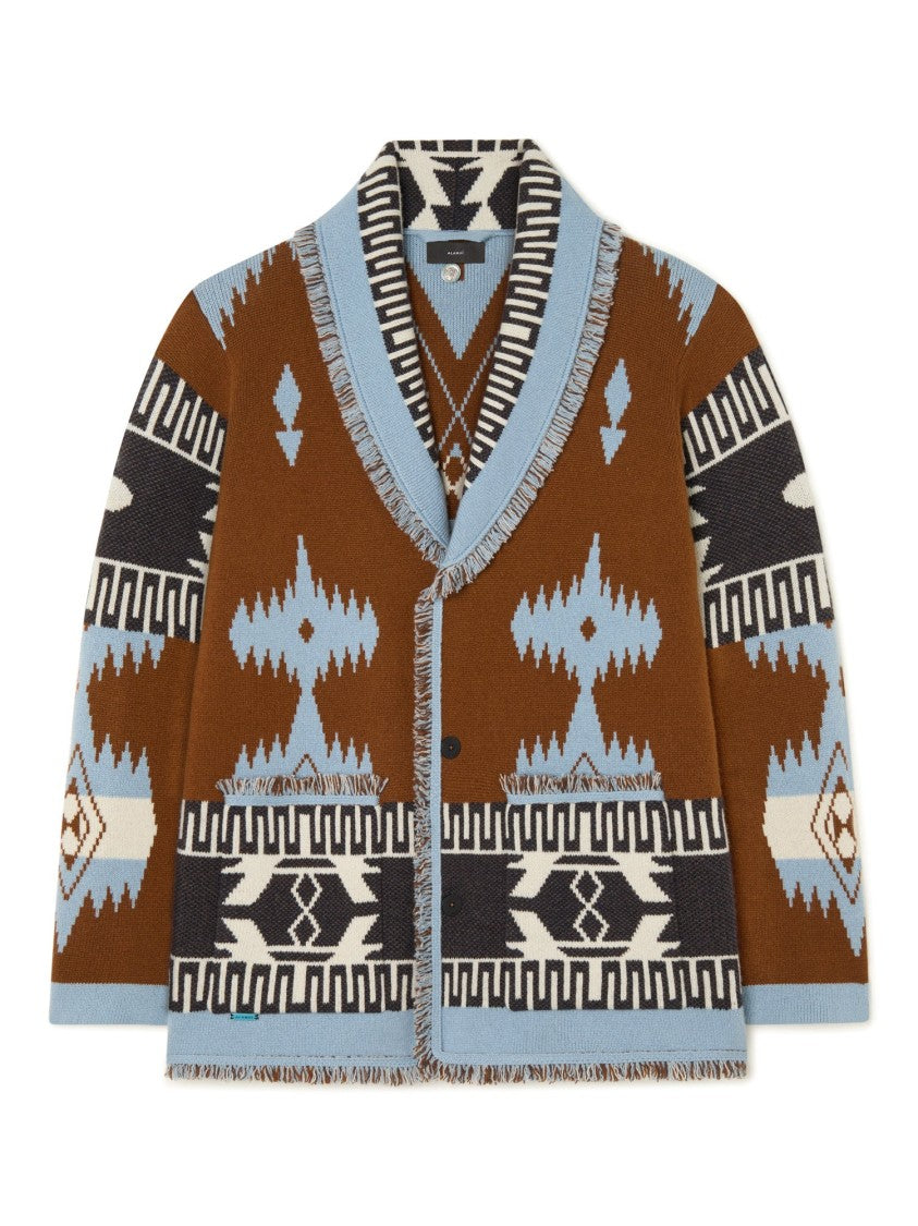 Alanui Jacquard Knit Cardigan With Shawl Collar And Fringed Edges