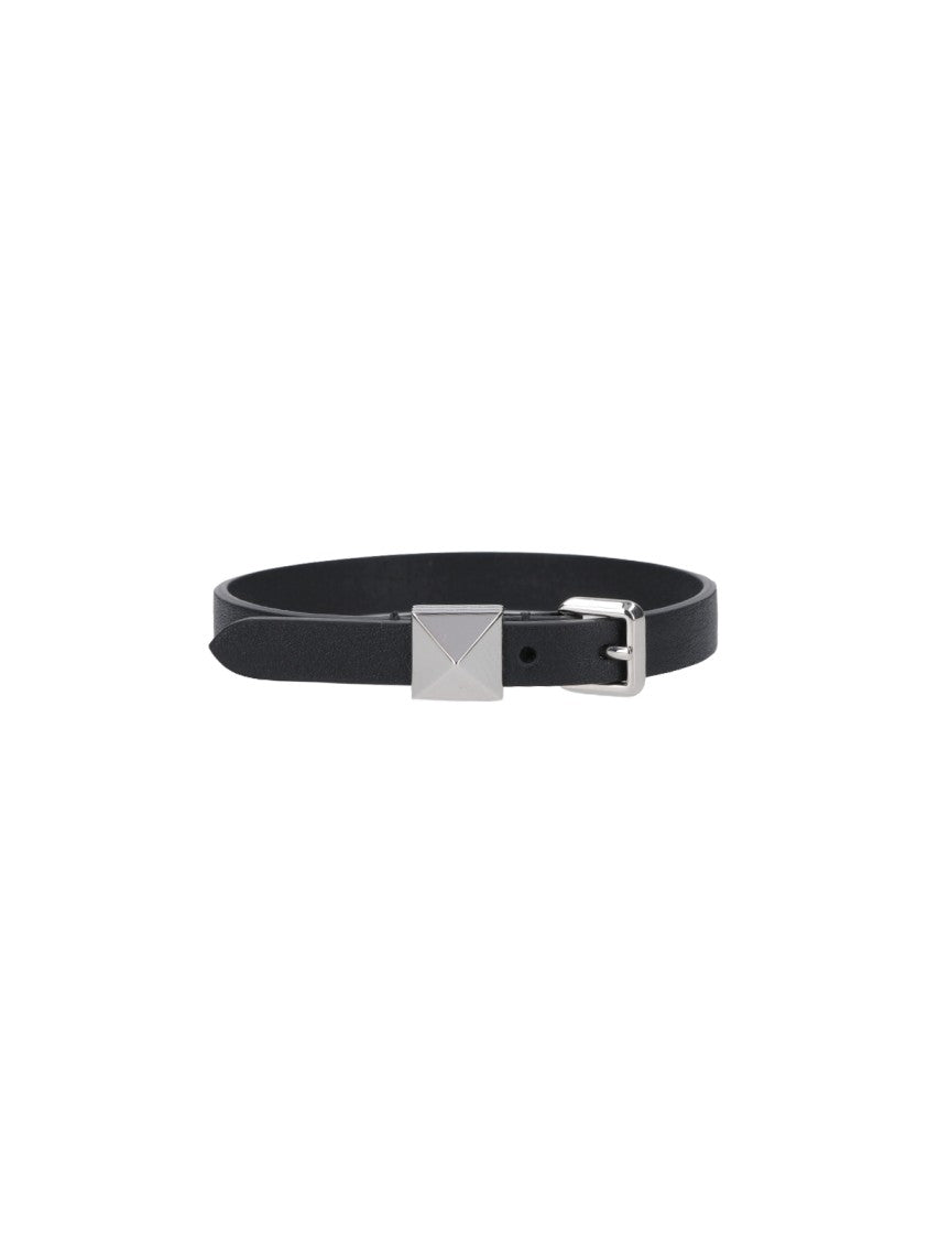 Valentino Garavani Adjustable Pyramid Stud Bracelet In Black Leather