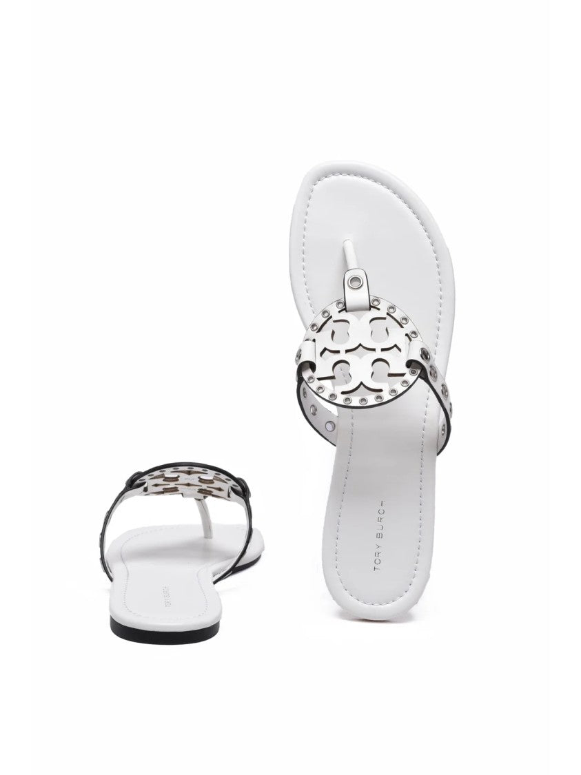 Tory Burch White Miller Eyelet Leather Thong Sandals