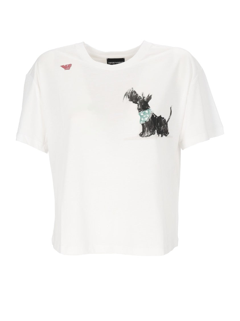 Emporio Armani Cropped White T-Shirt With Playful Dog Graphic